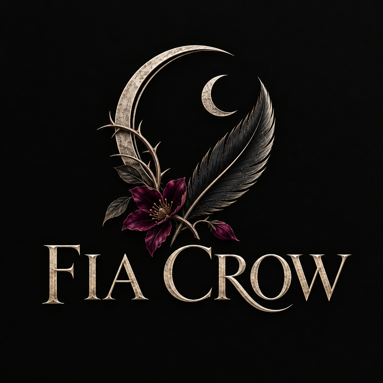 Fia Crow logo: a crescent moon, dark feather, and burgundy flower